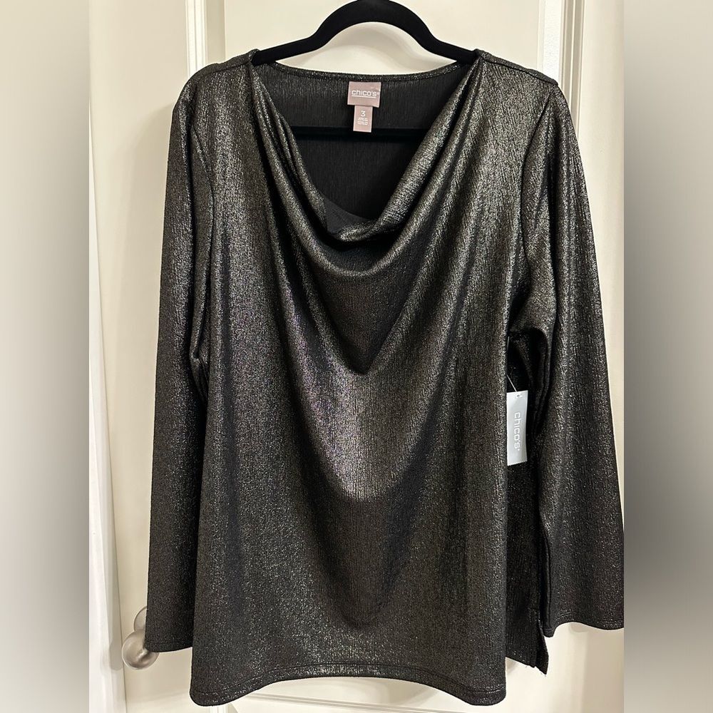 Chico’s Knit Foil Cowl Neck Top Size 3 Long Sleeve Pullover Color Soft Gold